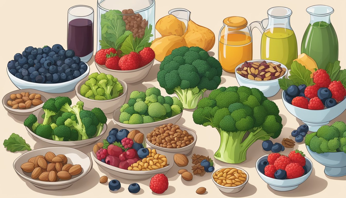 A table spread with colorful, nutrient-rich foods like broccoli, nuts, and berries. A joint-friendly meal to manage osteoarthritis symptoms