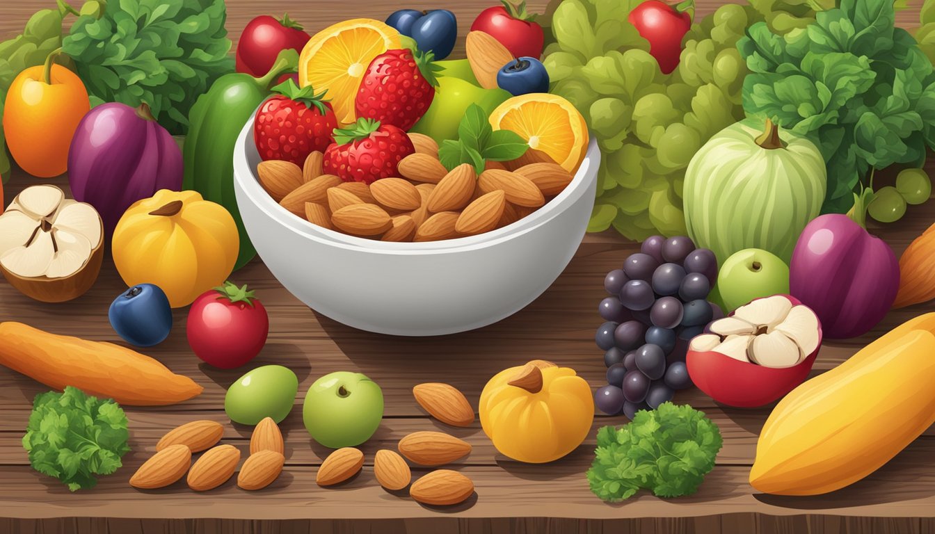 A bowl of almonds surrounded by colorful fruits and vegetables on a wooden table