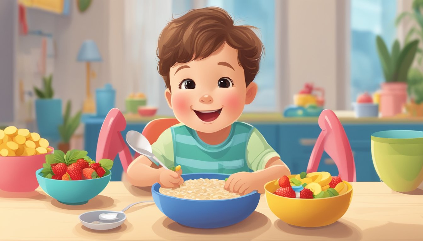 A happy 3-year-old sitting at a table with a bowl of oatmeal, surrounded by colorful, kid-friendly foods like bananas, strawberries, and yogurt