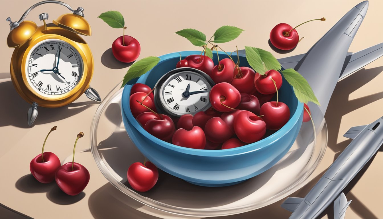 A bowl of cherries surrounded by a clock, airplane, and bed