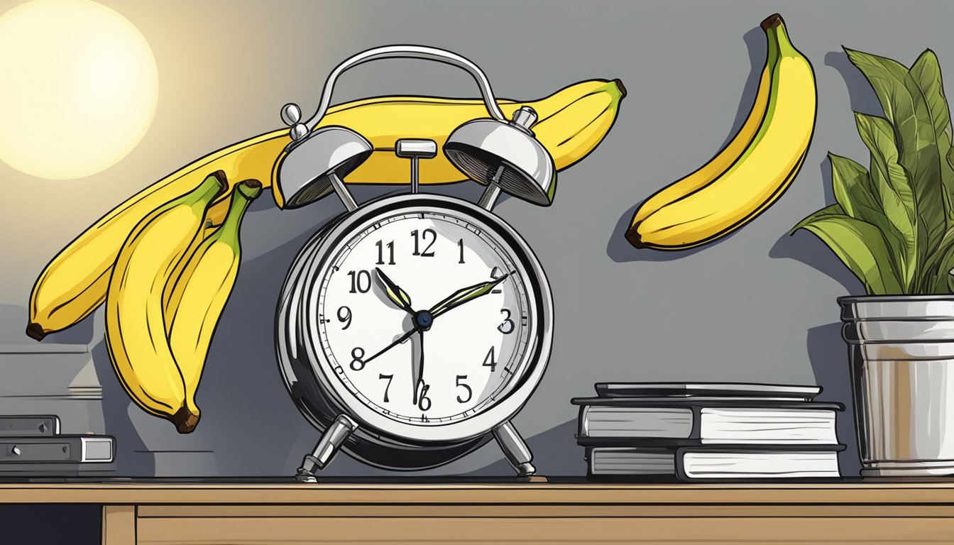 A bunch of ripe bananas on a nightstand next to a glowing alarm clock