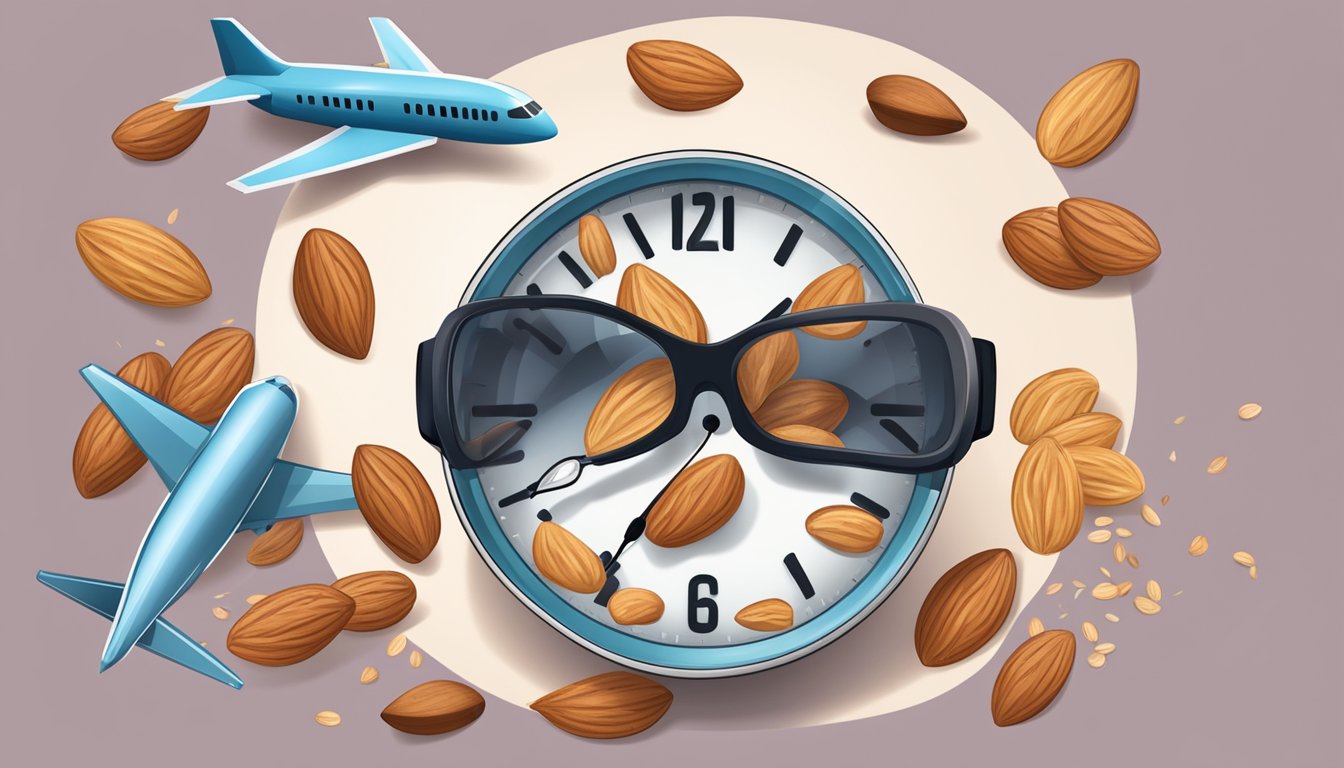 A bowl of almonds surrounded by a clock, airplane, and sleeping mask