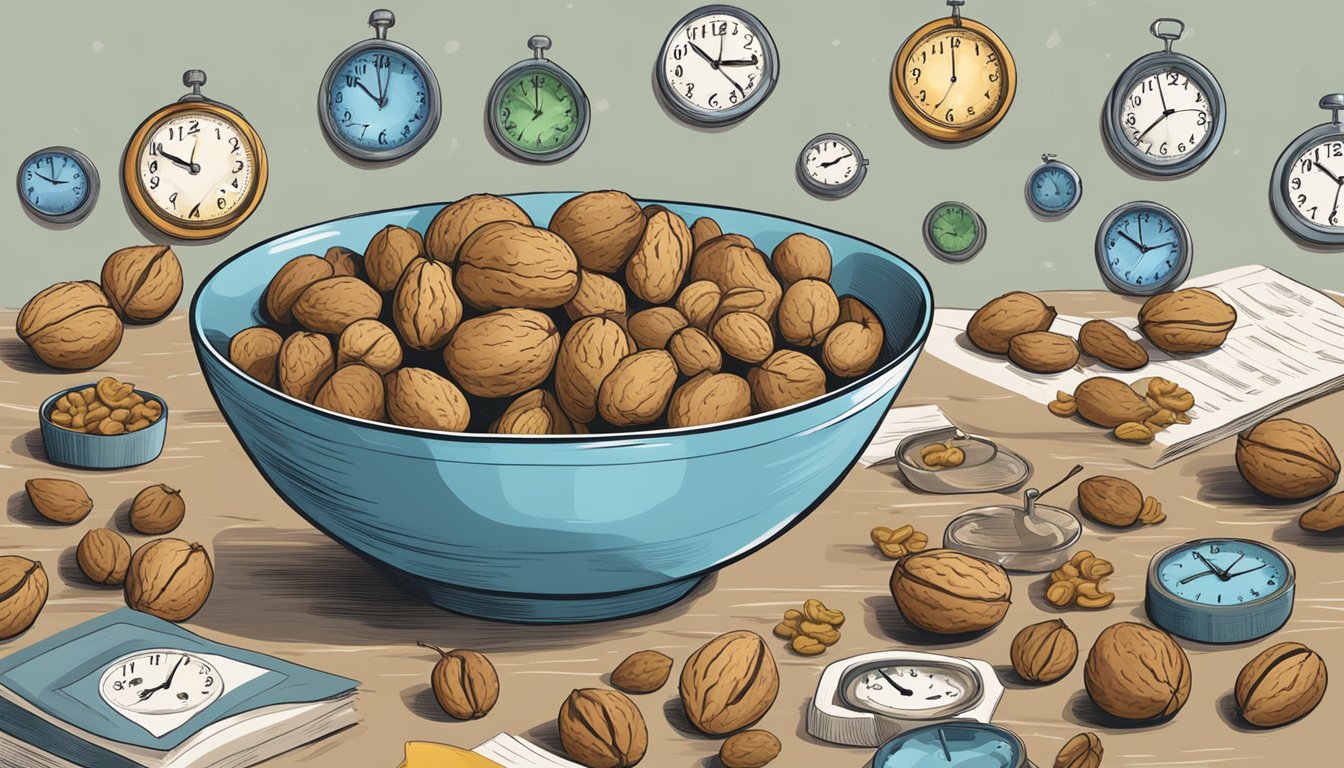 A bowl of walnuts surrounded by clocks showing different time zones, with a jet flying in the background