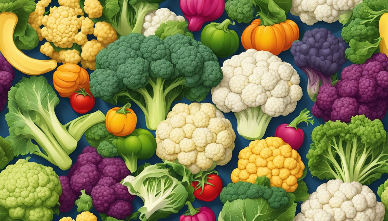 A colorful array of fresh cauliflower and other kidney-friendly superfoods arranged on a vibrant background