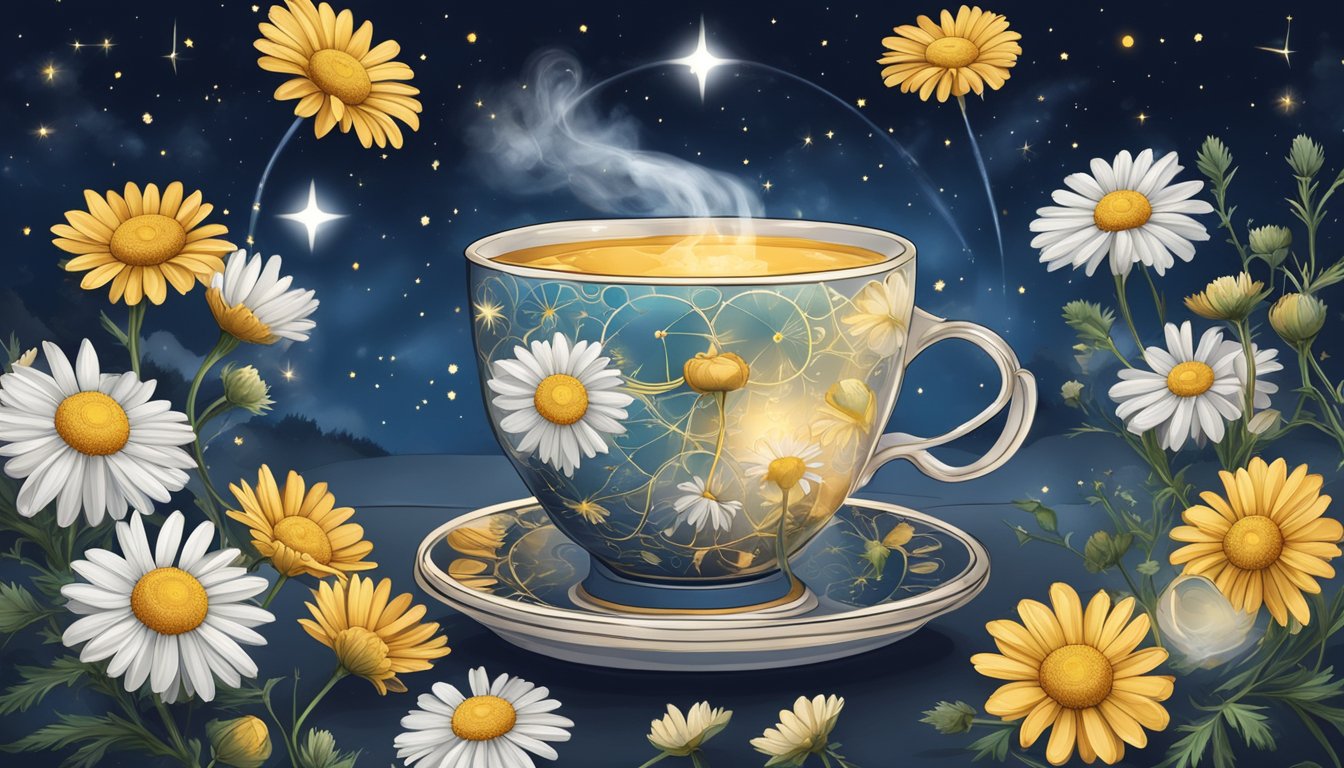 A steaming cup of chamomile tea surrounded by clock faces set against a night sky