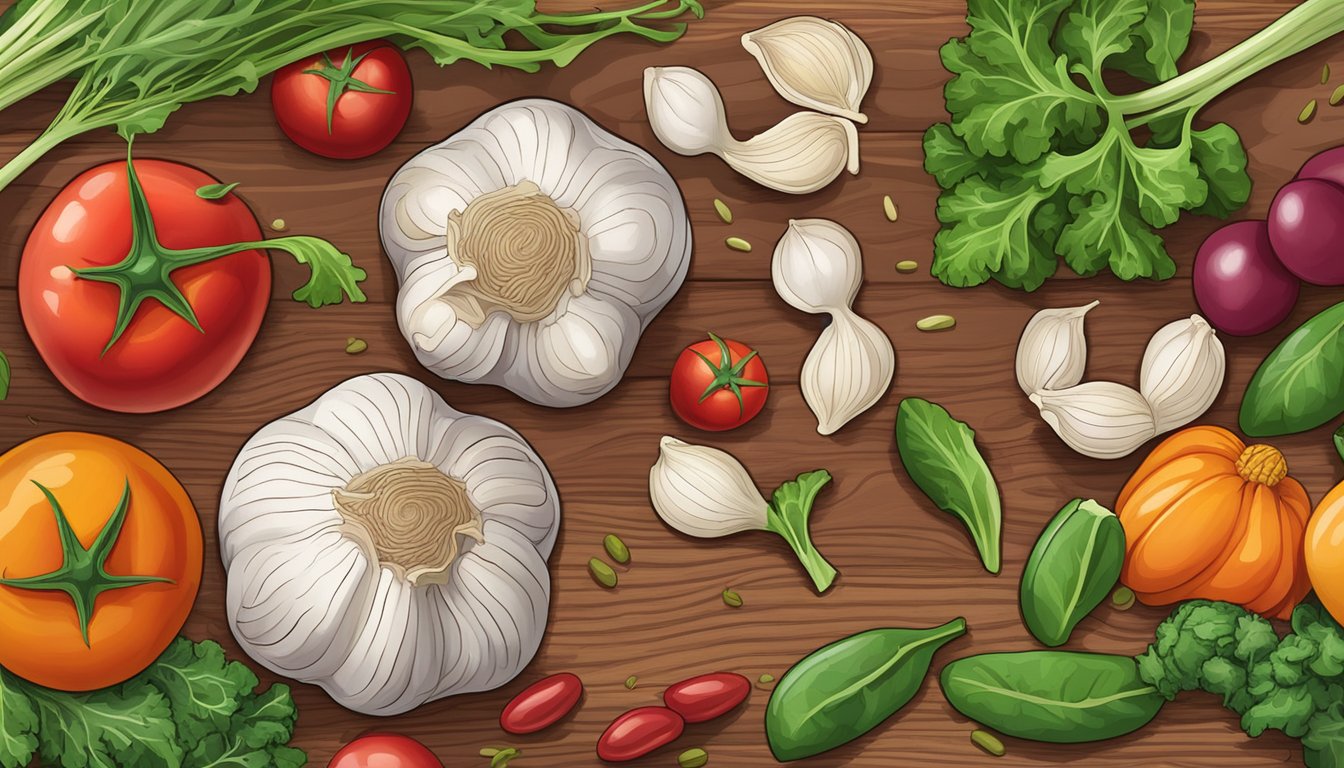 A colorful array of garlic, kidney beans, tomatoes, and leafy greens arranged on a wooden cutting board