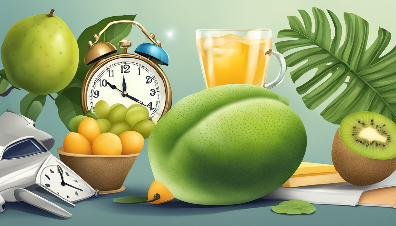 A kiwi fruit surrounded by a clock, airplane, and sleep mask