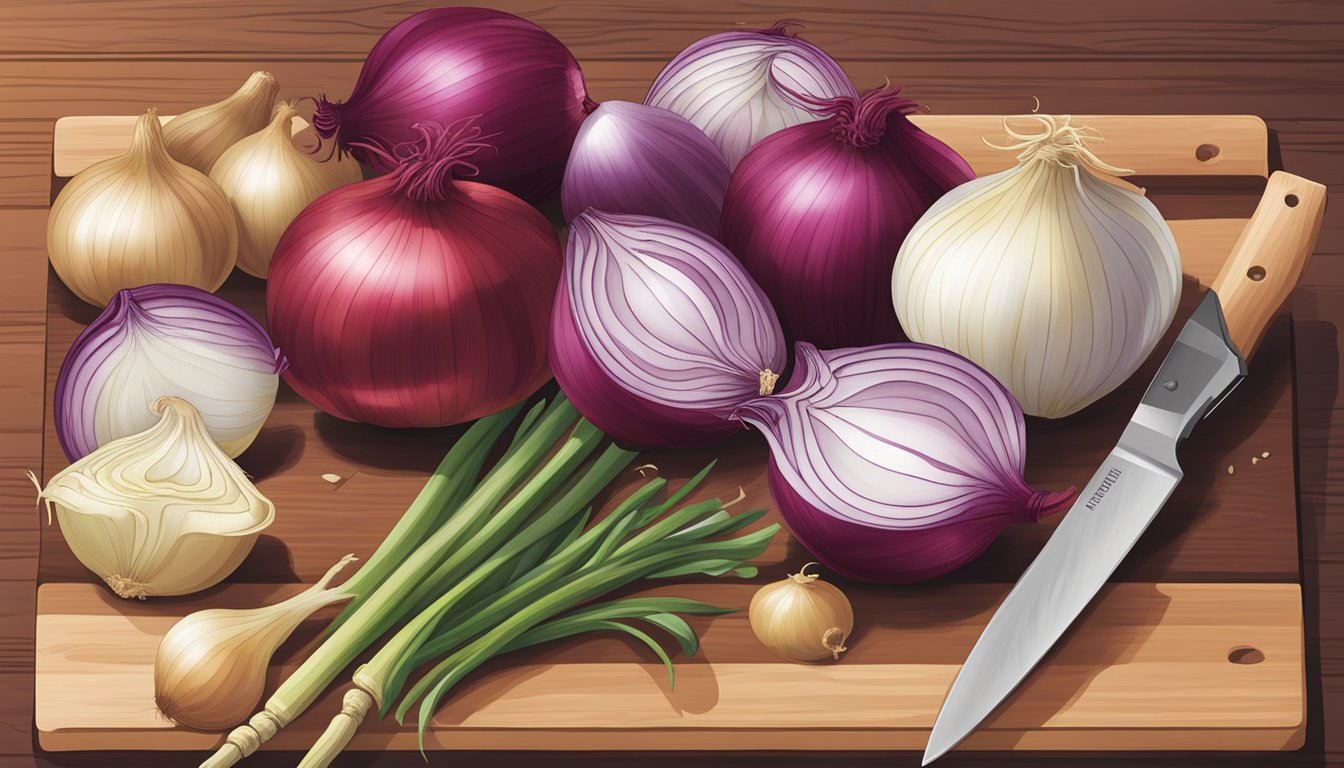 A colorful assortment of onions, including red, yellow, and white varieties, arranged on a wooden cutting board with a knife beside them