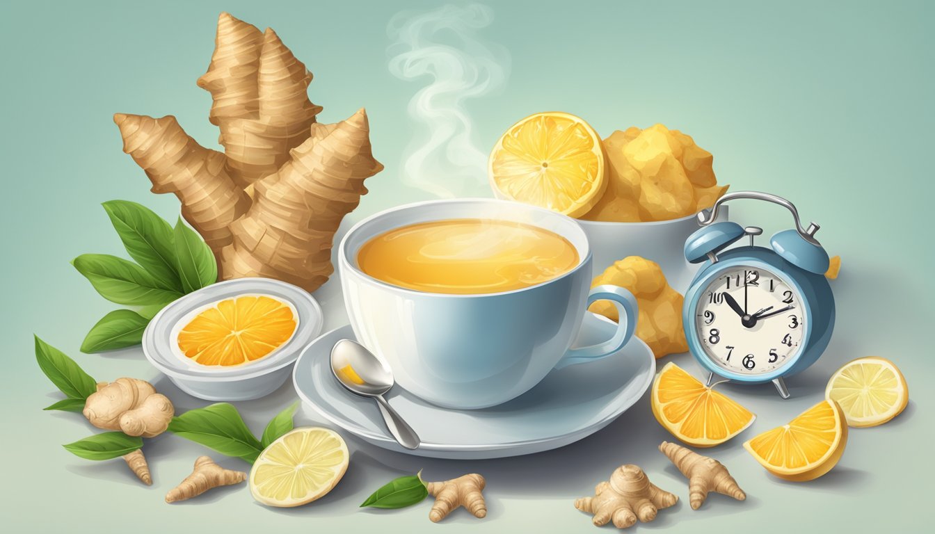 A steaming cup of ginger tea surrounded by a clock and various foods, symbolizing the fight against jet lag and the resetting of the body clock