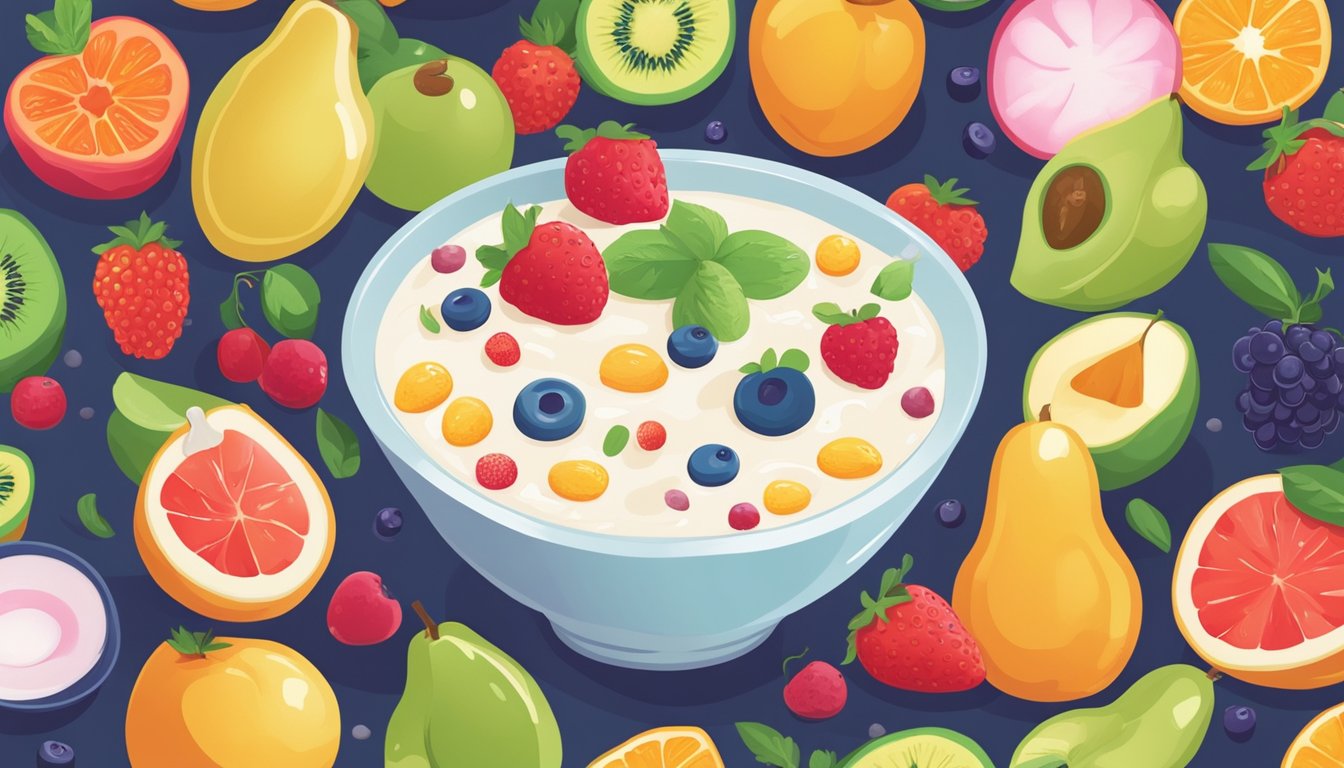 A colorful bowl of yogurt surrounded by playful, child-friendly images of fruits and friendly bacteria, emphasizing its probiotic benefits for easing constipation in young children