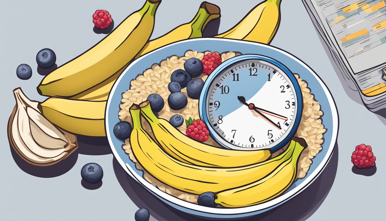 A bowl of oatmeal surrounded by bananas, almonds, and berries, with a clock in the background showing different time zones