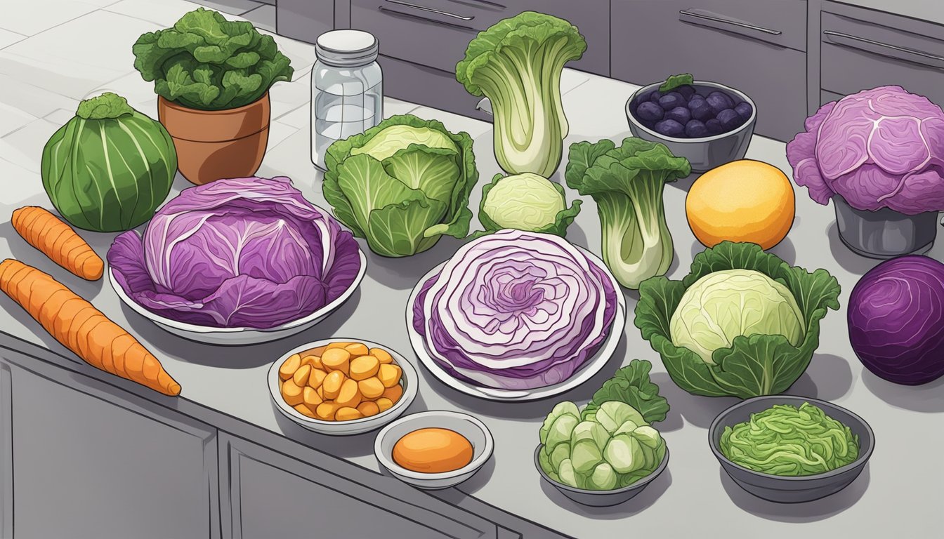 A colorful array of cabbage and other kidney-friendly superfoods arranged on a kitchen counter