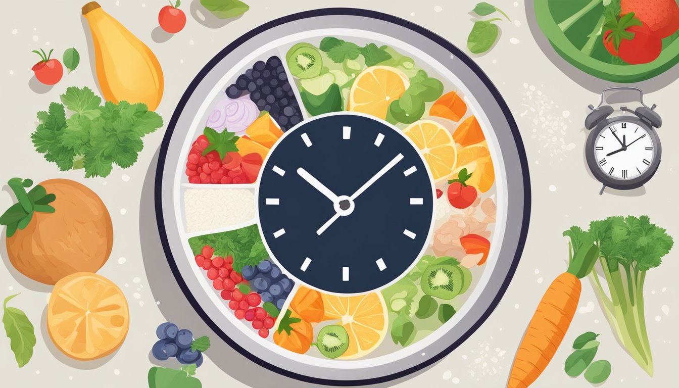 A steaming bowl of rice surrounded by colorful fruits and vegetables, with a clock in the background showing different time zones