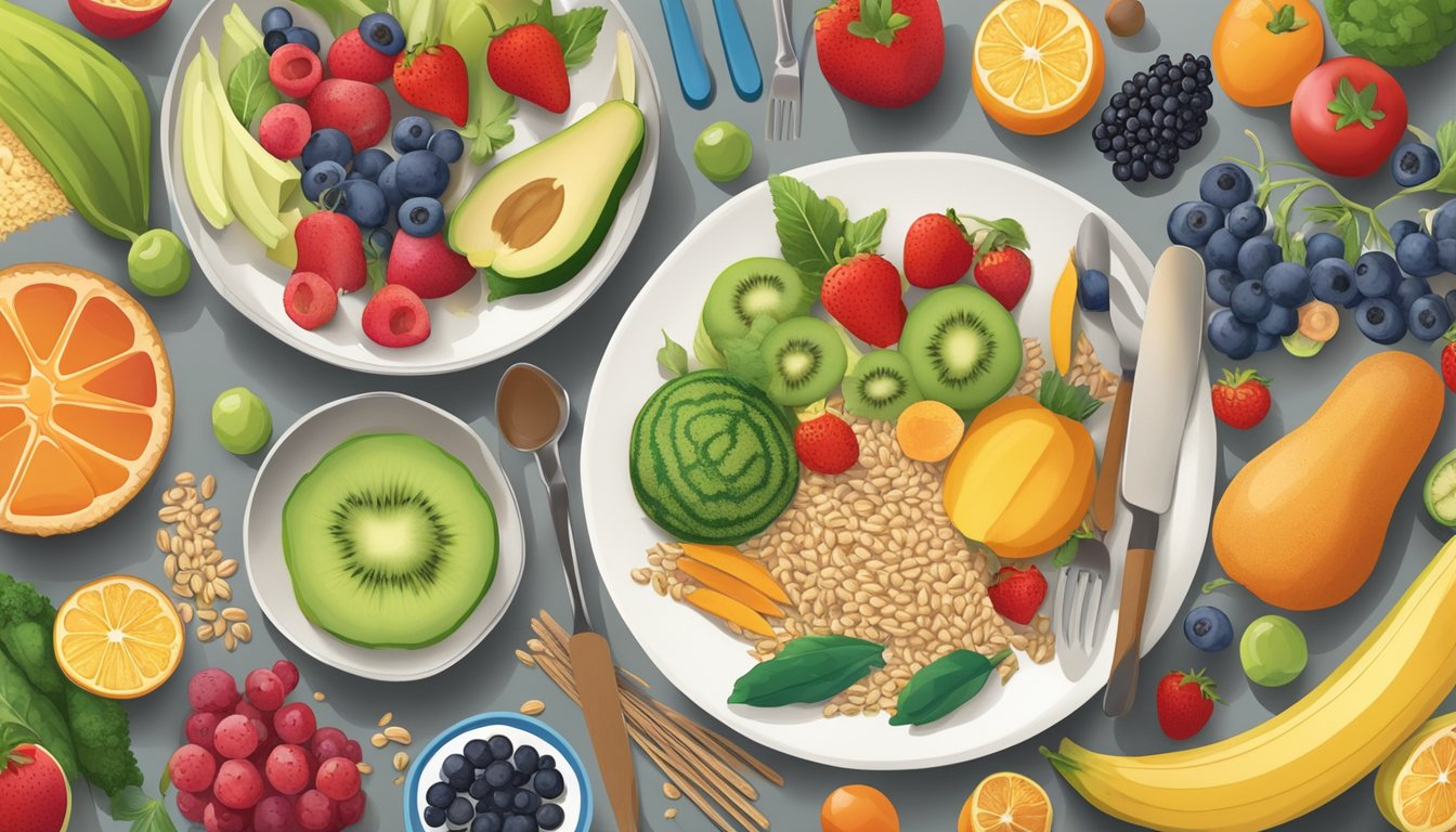 A colorful spread of fruits, vegetables, and whole grains arranged on a table, with a child-sized plate and utensils nearby