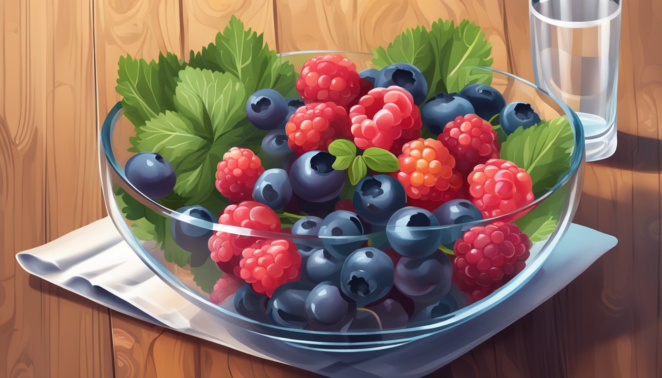 A bowl of assorted berries surrounded by leafy greens and a glass of water on a wooden table