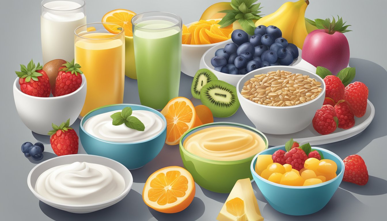 A colorful array of yogurt, fruits, and whole grains arranged on a table