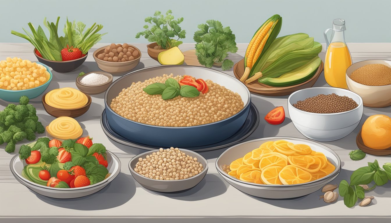 A variety of buckwheat-based foods arranged on a table, including buckwheat pancakes, noodles, and groats, alongside fresh fruits and vegetables