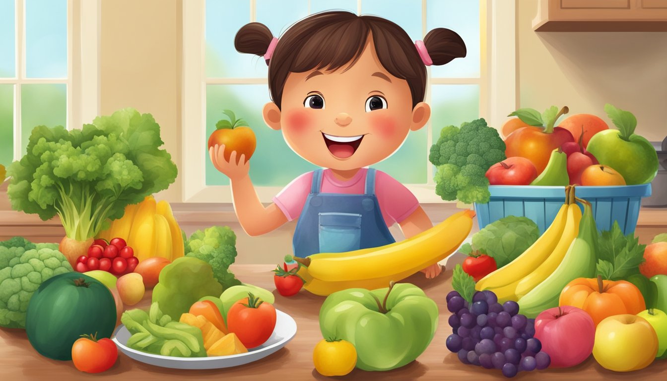 A happy child surrounded by a variety of colorful fruits and vegetables, including applesauce, enjoying a healthy and delicious meal