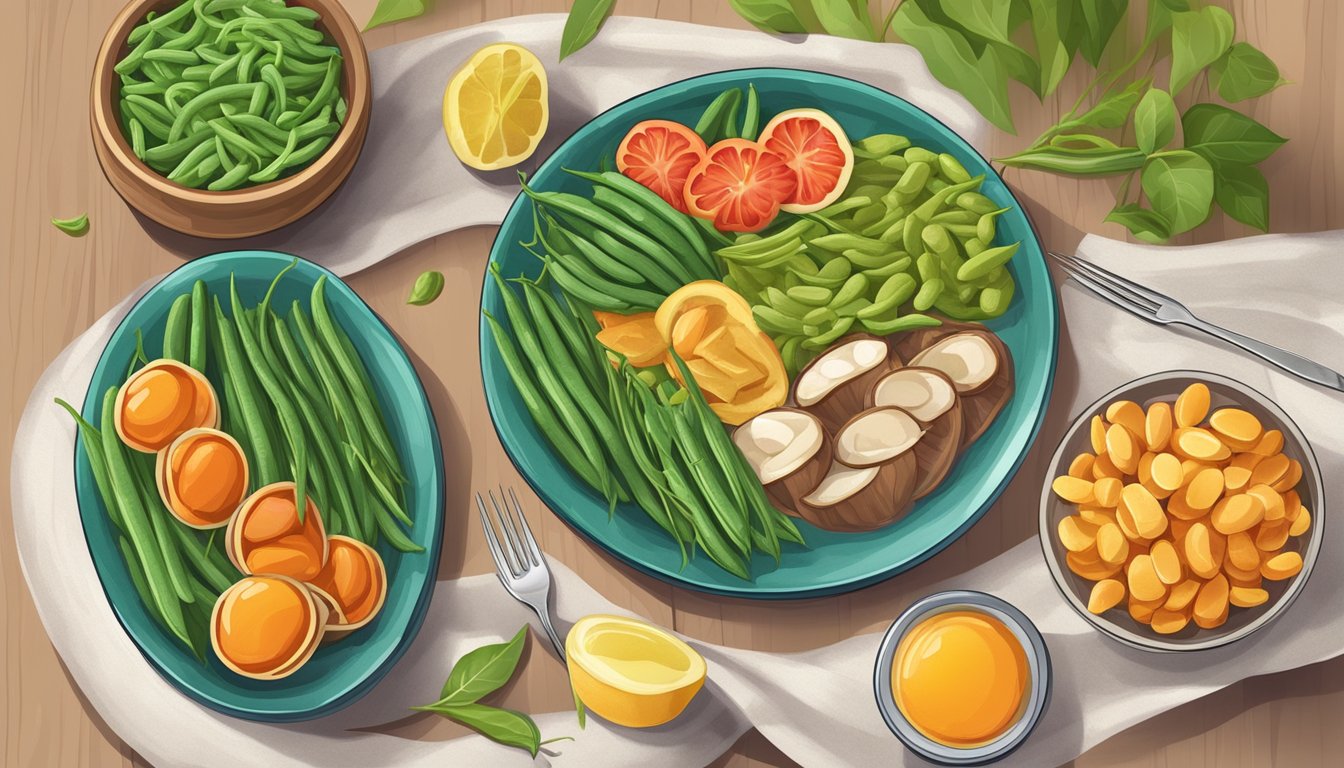 A colorful plate with assorted kidney-friendly foods, including green beans, arranged in an appealing and appetizing manner