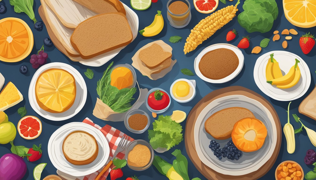 A colorful spread of whole grain bread, fruits, and vegetables on a vibrant table setting