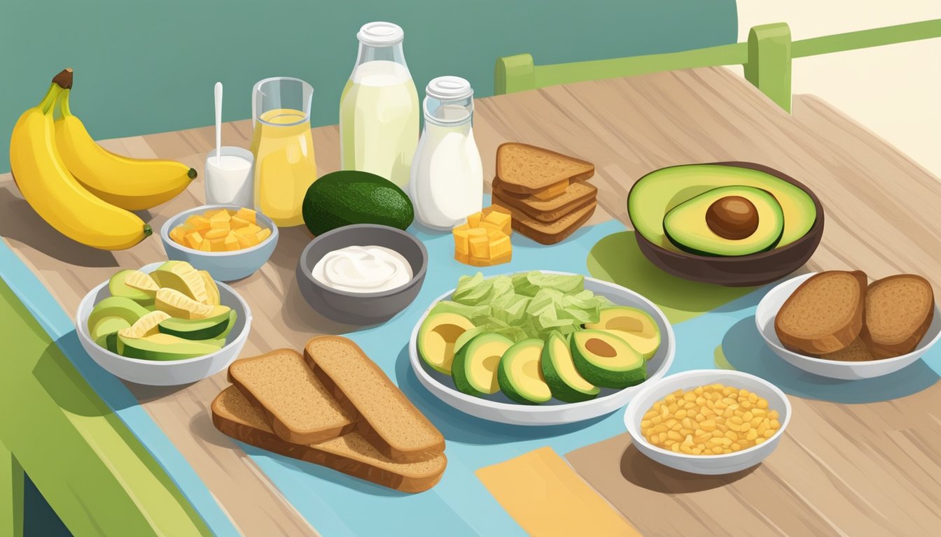 A table with a variety of colorful kid-friendly foods, including avocados, bananas, whole grain bread, and yogurt