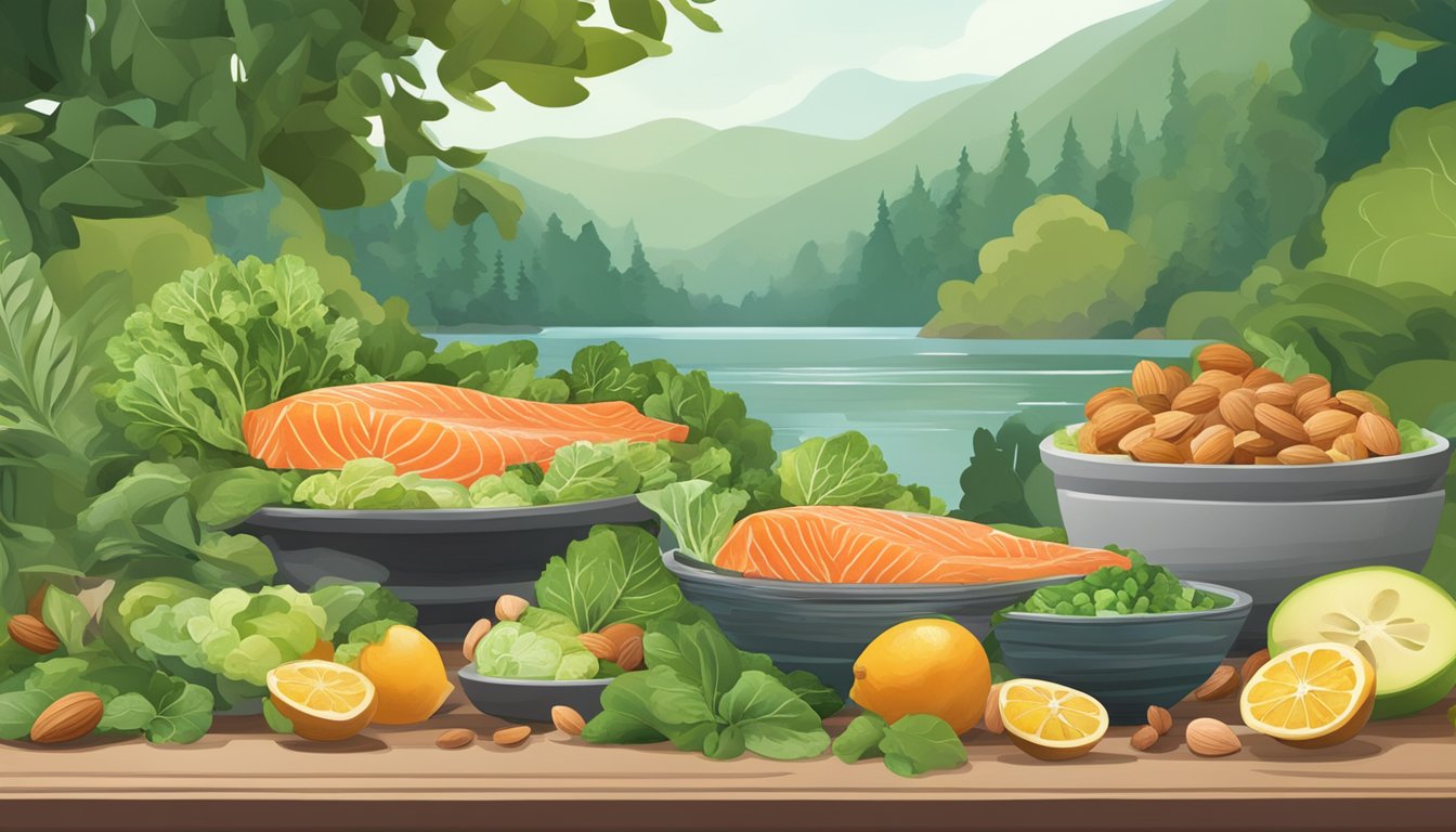 A table with salmon, leafy greens, nuts, and fruits, surrounded by a calming, nature-inspired background