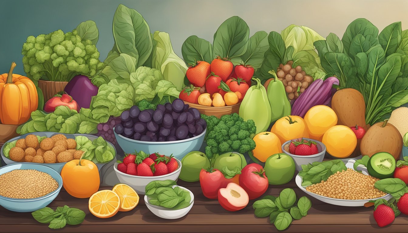 A table set with a variety of colorful fruits, vegetables, and whole grains, with a focus on spinach and other lung-friendly foods