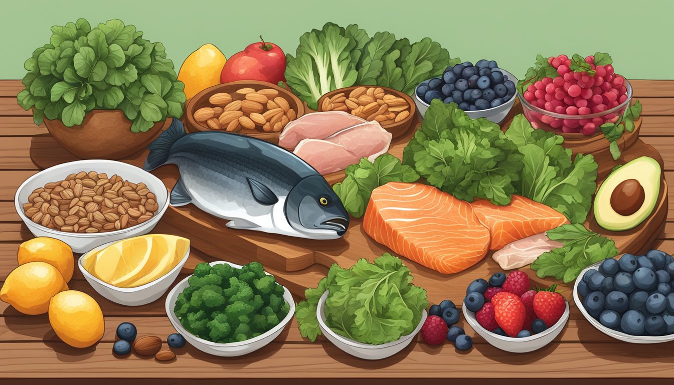 A colorful array of liver-loving foods, including leafy greens, berries, nuts, and fatty fish, arranged on a wooden table