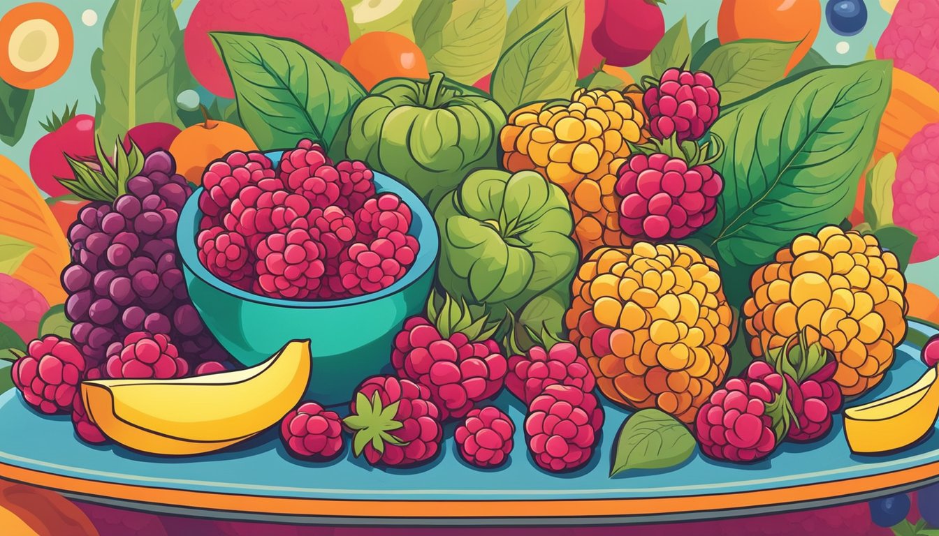 A group of ripe raspberries arranged on a colorful plate surrounded by other vibrant, kid-friendly fruits and vegetables