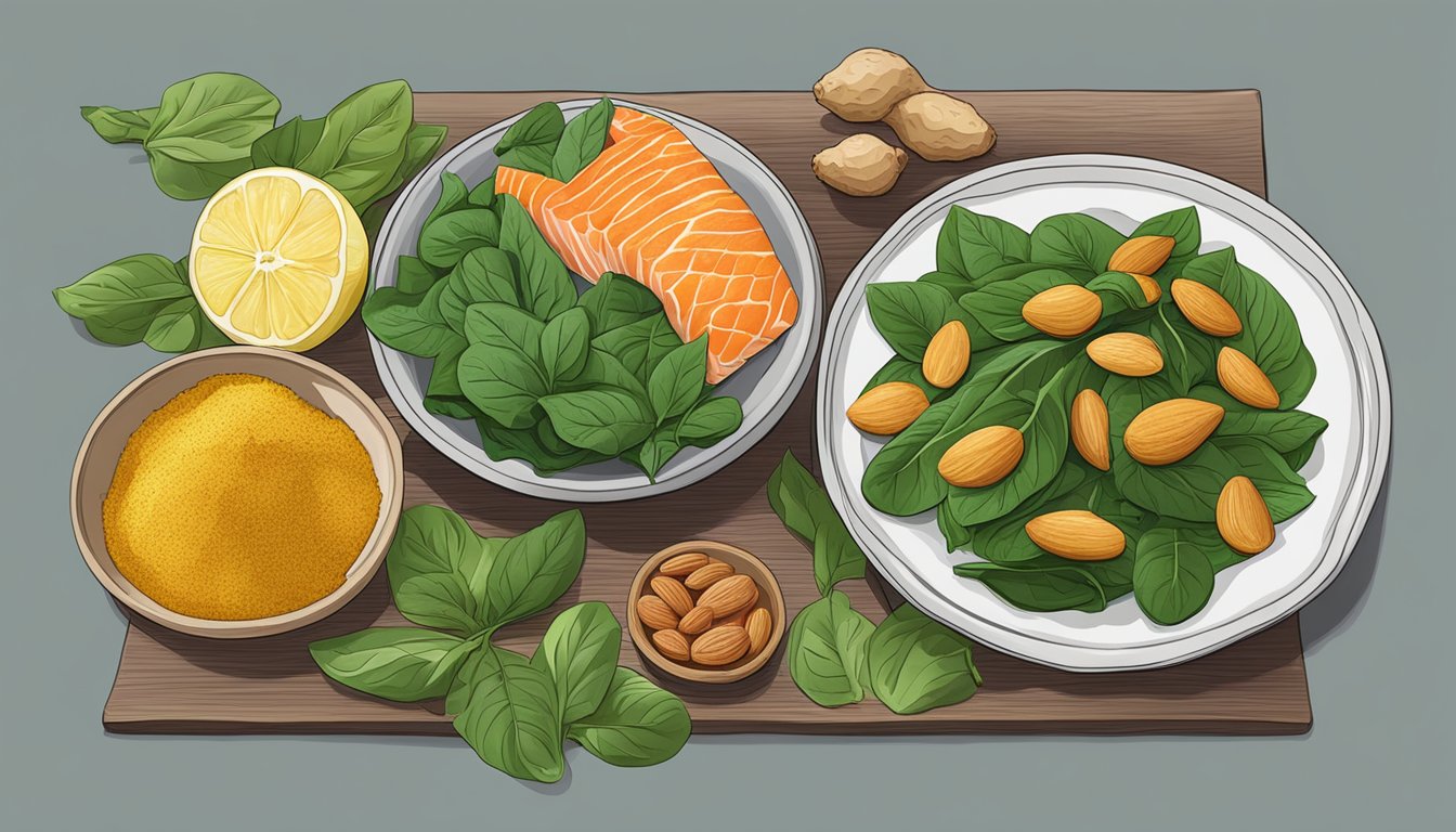 A table with turmeric, ginger, spinach, almonds, and salmon