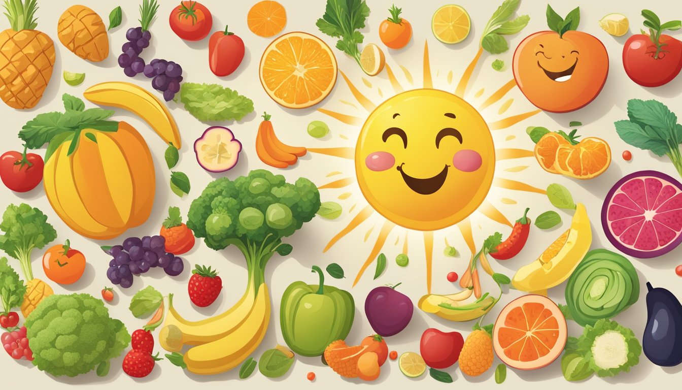 A colorful array of fruits, vegetables, and whole grains arranged on a table, with a smiling sun and happy digestive system characters in the background