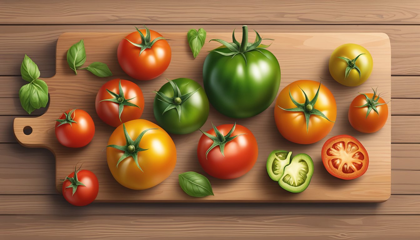 A colorful assortment of ripe tomatoes arranged on a wooden cutting board