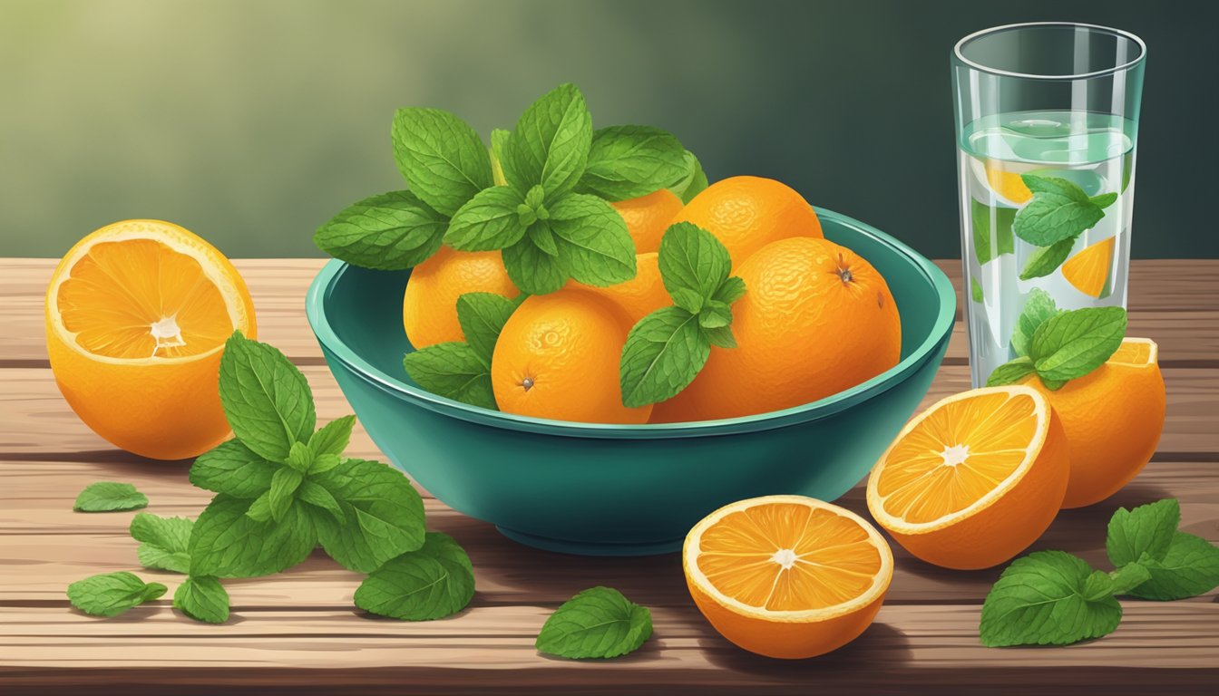 A bowl of oranges surrounded by fresh mint leaves and a glass of water on a wooden table