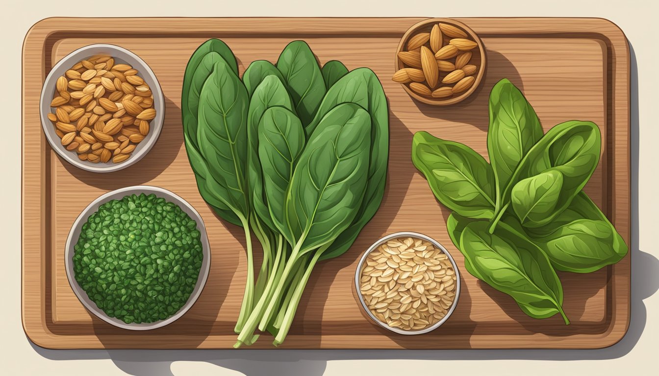 A colorful array of spinach, almonds, oats, and flaxseeds arranged on a wooden cutting board