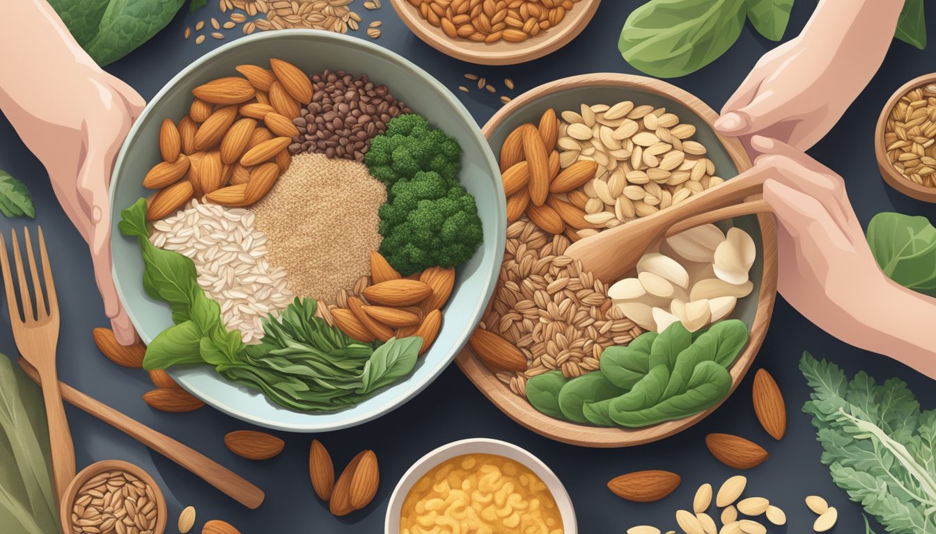 A bowl of almonds surrounded by a variety of other superfoods, such as oatmeal, flaxseeds, and leafy greens, with a breastfeeding mother in the background