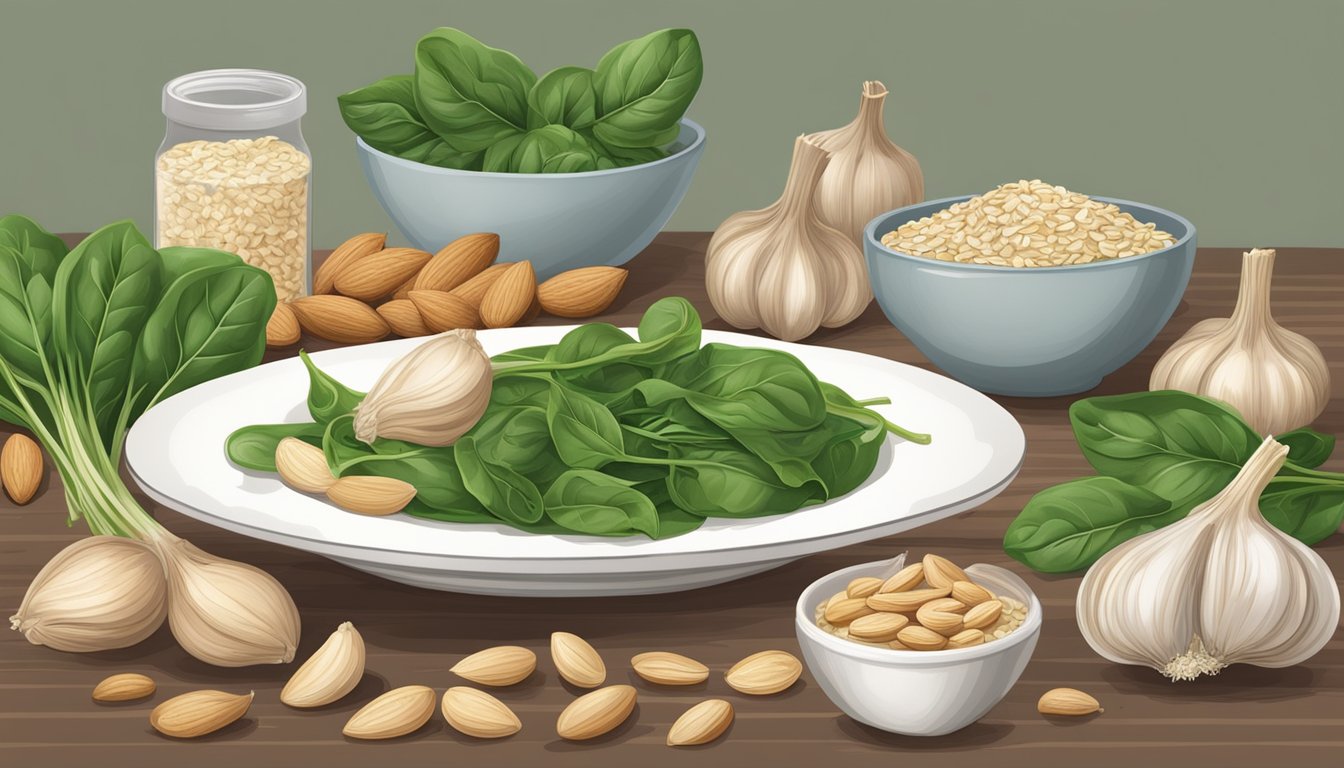 A table set with garlic, oats, almonds, and spinach