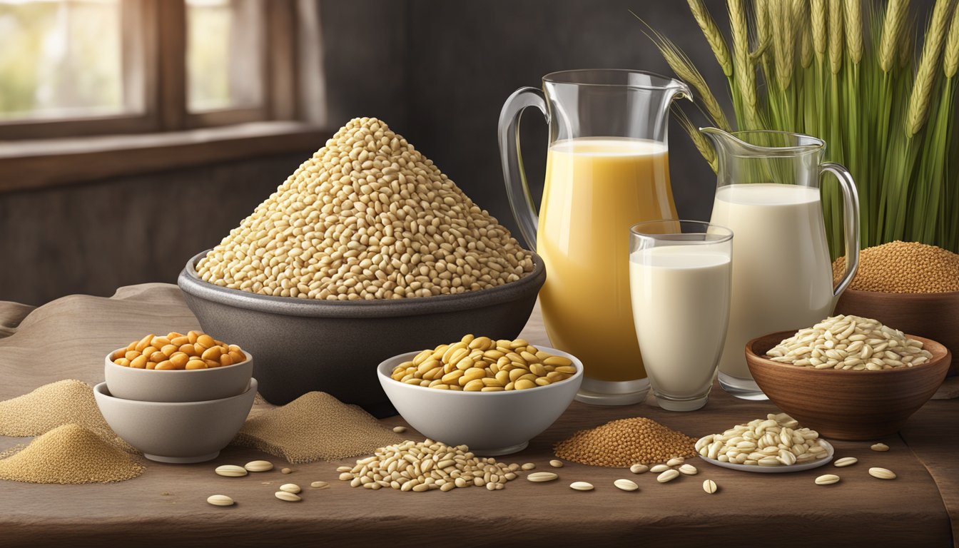 A variety of barley-based superfoods arranged in a rustic setting, including barley grains, barley milk, and barley-based snacks