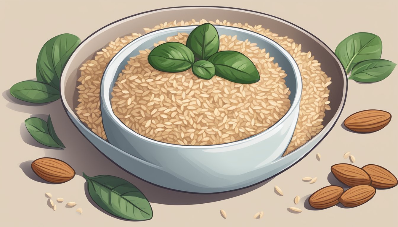 A bowl of brown rice surrounded by lactation-boosting superfoods like almonds, spinach, and flax seeds