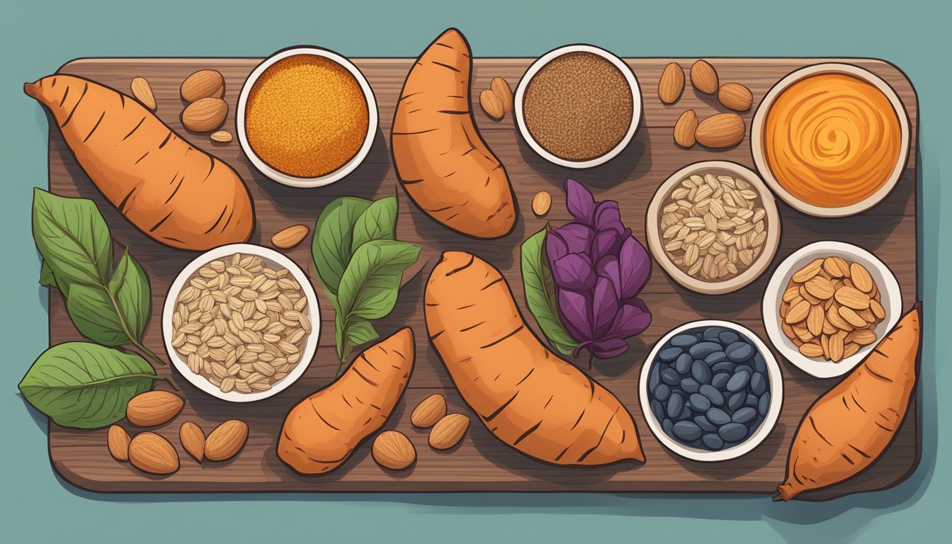 A colorful arrangement of sweet potatoes, surrounded by various lactation-boosting superfoods, such as oats, flaxseeds, and almonds, on a wooden cutting board