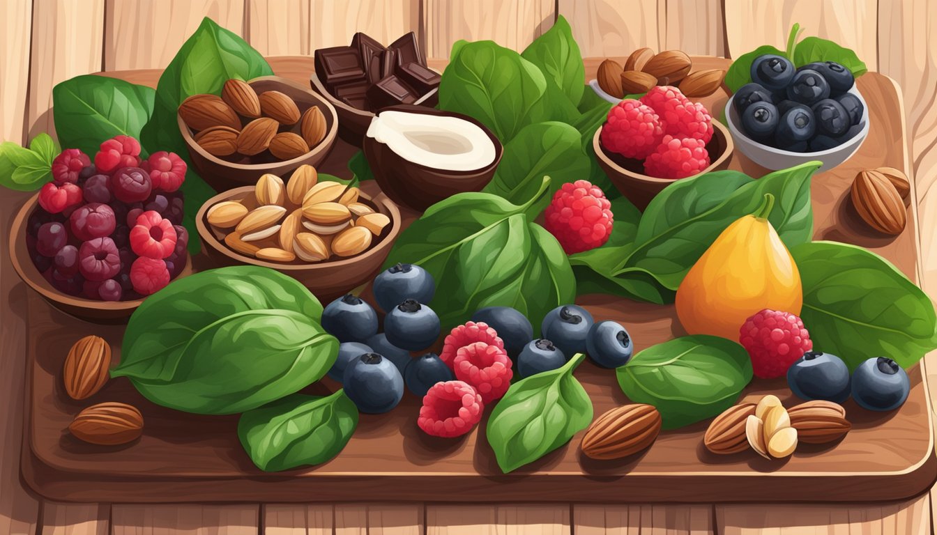 A colorful assortment of spinach, berries, nuts, and dark chocolate arranged on a wooden cutting board, surrounded by vibrant green leaves and a warm, inviting light