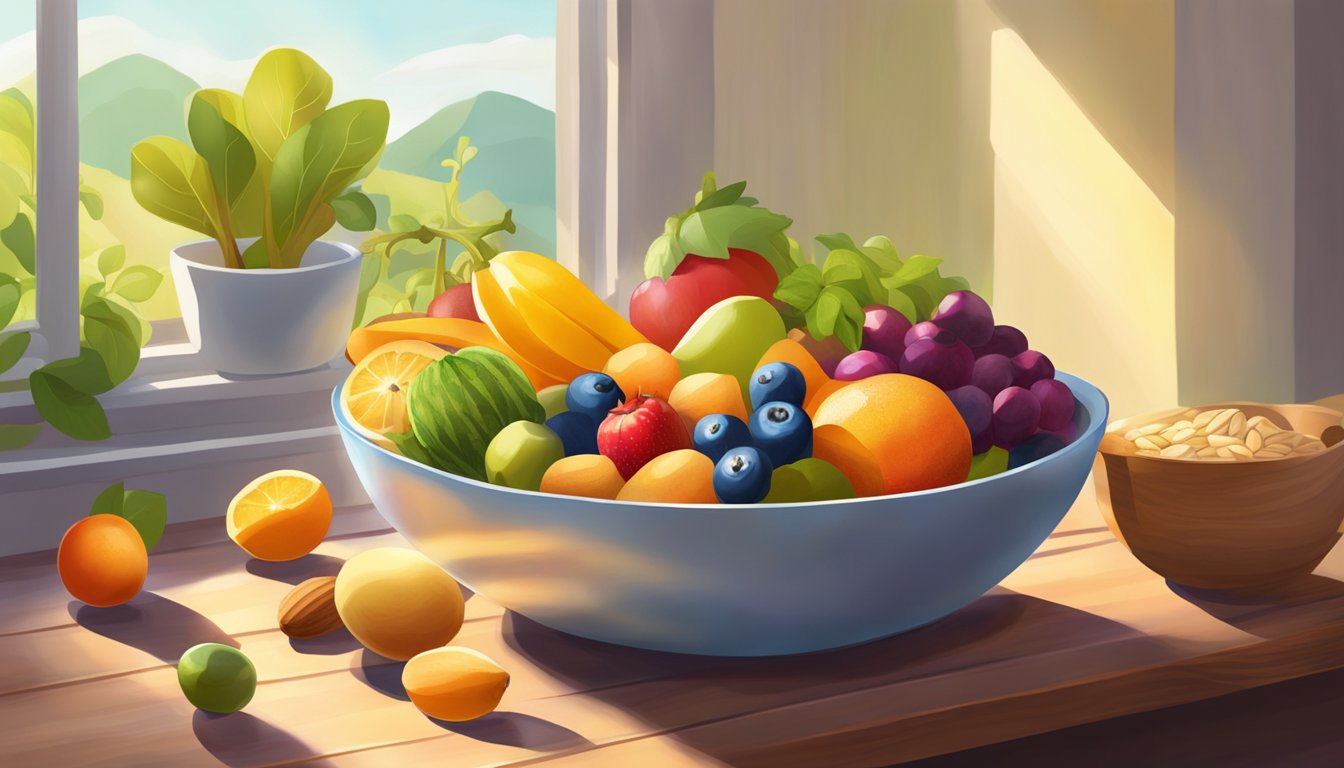 A bowl of almonds surrounded by vibrant, colorful fruits and vegetables on a wooden table. Sunlight streams in through a nearby window, casting a warm glow on the healthy, mood-boosting foods