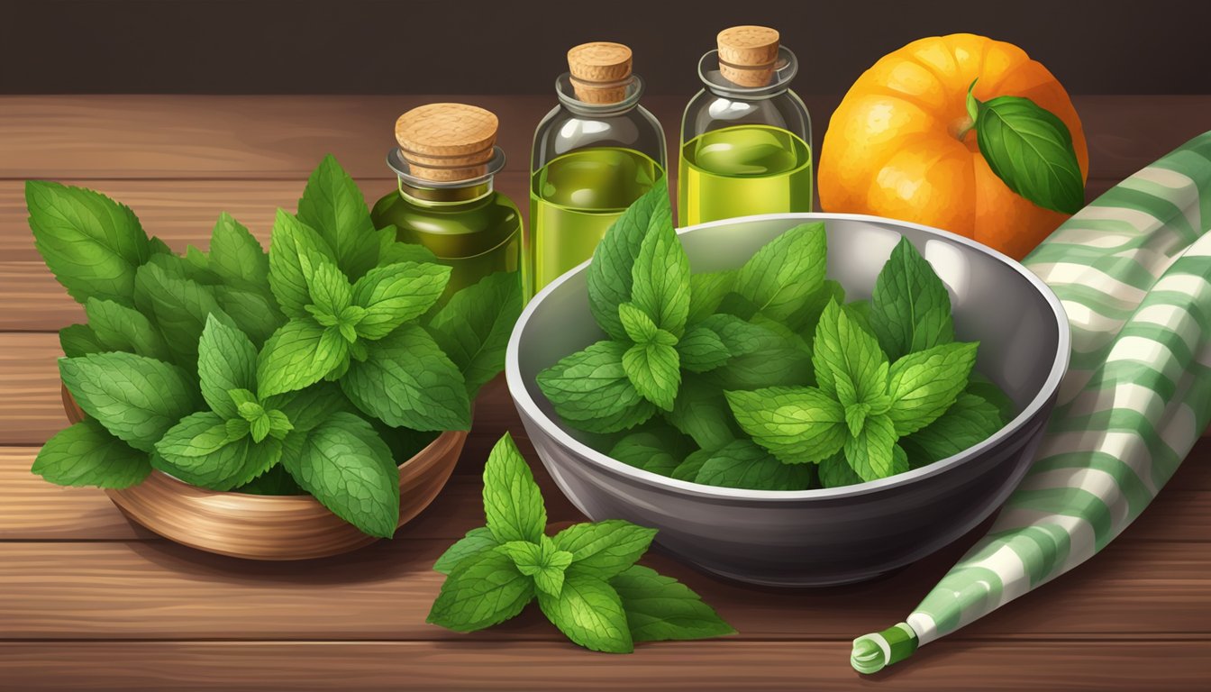 A bowl of fresh peppermint leaves and a bottle of peppermint oil on a wooden table surrounded by various fruits and vegetables