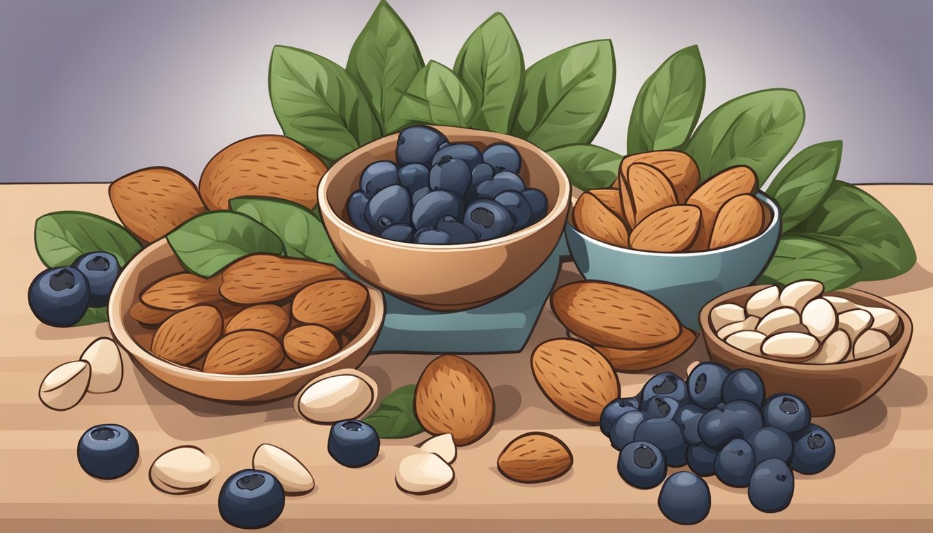 A bowl of almonds surrounded by other migraine-fighting foods, such as blueberries and spinach, with a serene and calming background