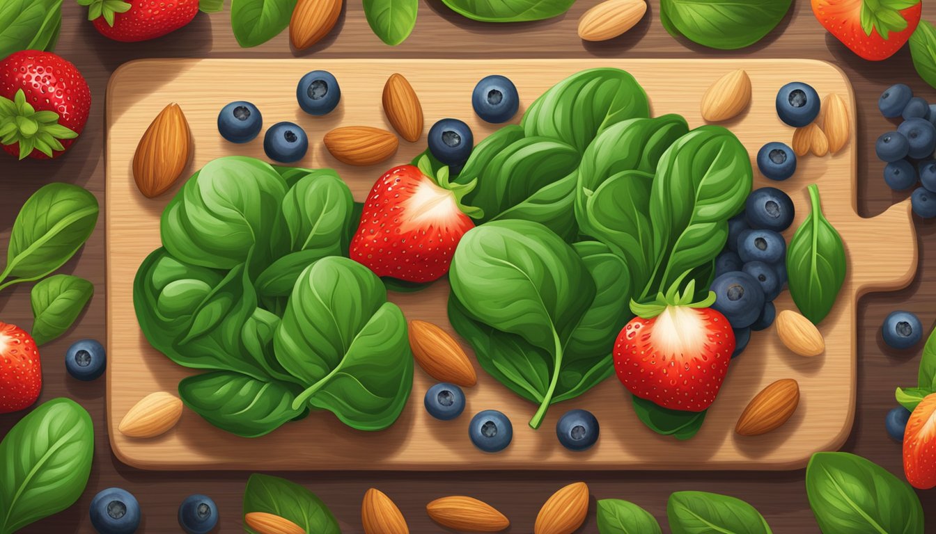 A colorful array of fresh spinach, blueberries, and almonds arranged on a wooden cutting board, surrounded by vibrant green leaves and a scattering of ripe strawberries