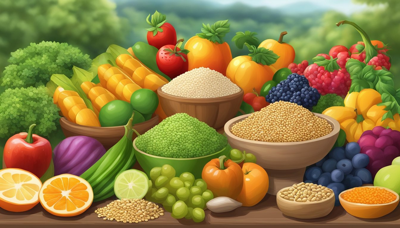 A colorful array of sesame seeds, surrounded by vibrant fruits and vegetables, with a backdrop of a soothing natural landscape