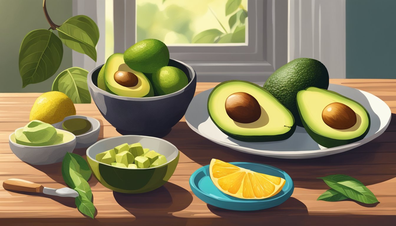 A vibrant still life of assorted avocado and other migraine-fighting foods arranged on a wooden table, bathed in natural light