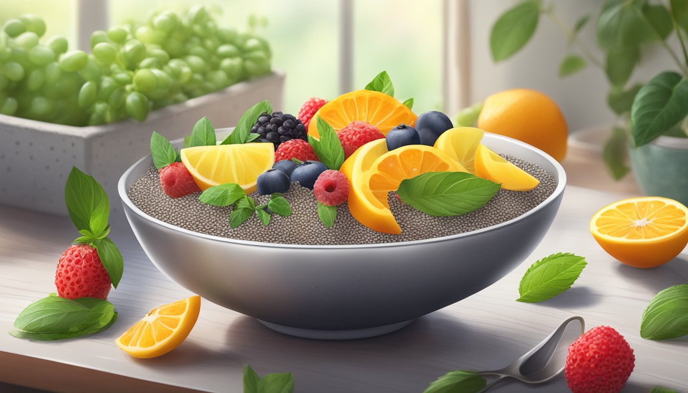 A bowl of chia seeds surrounded by fresh fruits and herbs, with a soft light shining on the arrangement