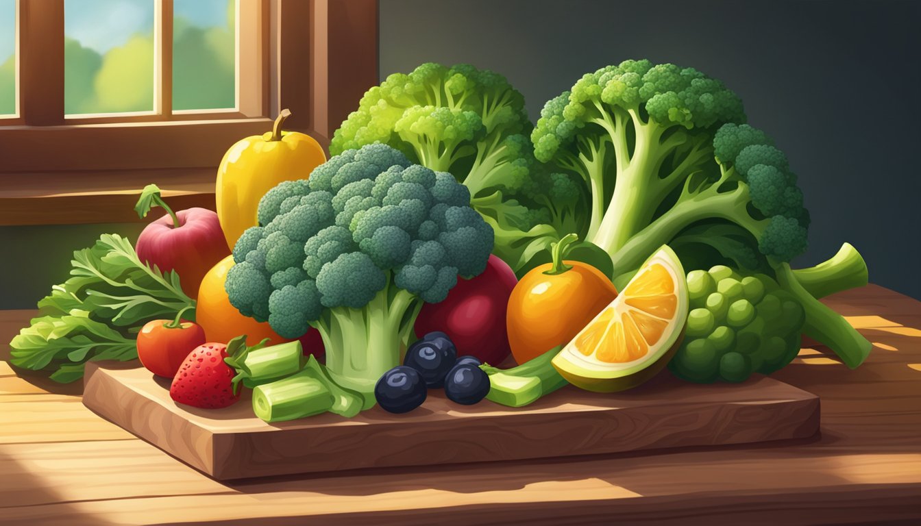 Fresh broccoli surrounded by vibrant fruits and vegetables on a wooden cutting board. Sunlight streams in from a nearby window, casting a warm glow on the nutritious selection