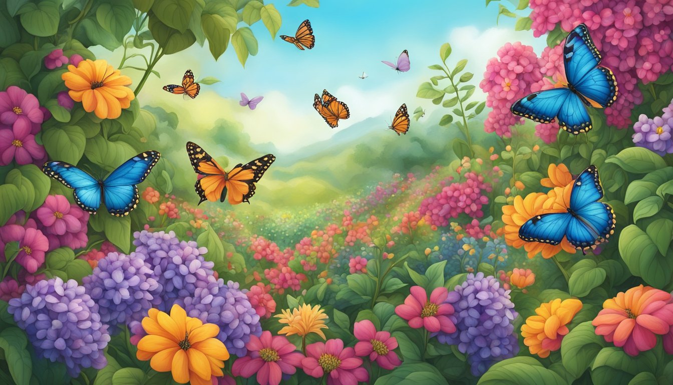 A lush, vibrant garden bursting with velvet bean plants, surrounded by colorful flowers and buzzing with butterflies