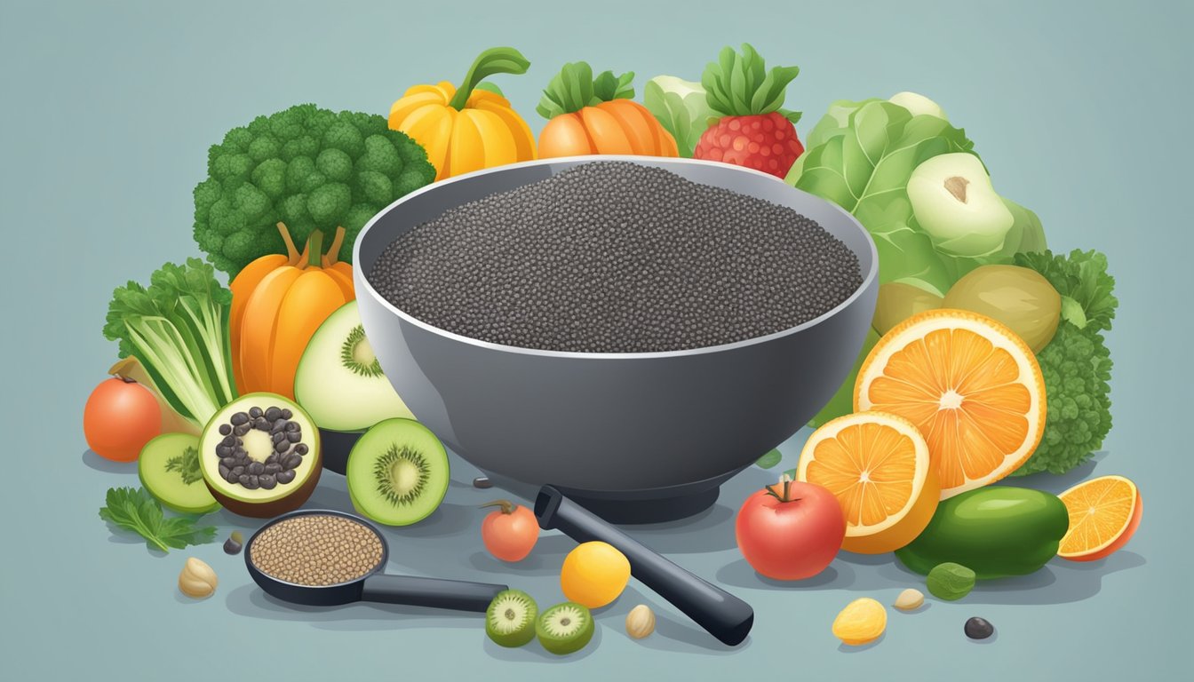 A bowl of chia seeds surrounded by various fruits and vegetables, with a magnifying glass examining the seeds for a breast health illustration